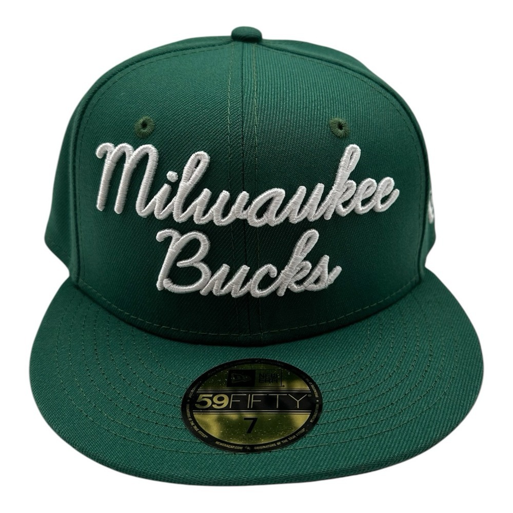 New Era 59Fifty Milwaukee Bucks Hat Cap Size 7 Augusta Green Script Fitted NBA